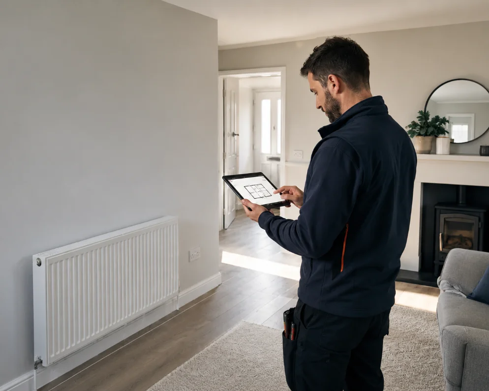 A heating engineer surveying a living room on a tablet